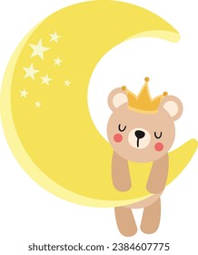 Baby teddy bear hanging on yellow moon
