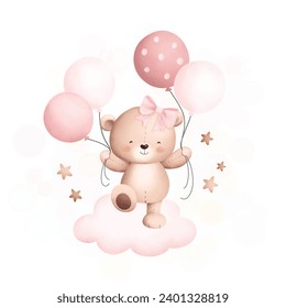 Baby teddy bear on the cloud with balloons