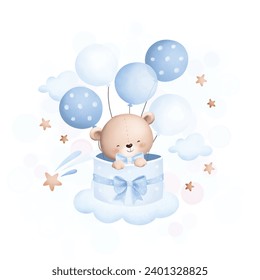 Baby teddy bear on the cloud with balloons