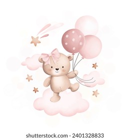 Baby teddy bear on the cloud with balloons