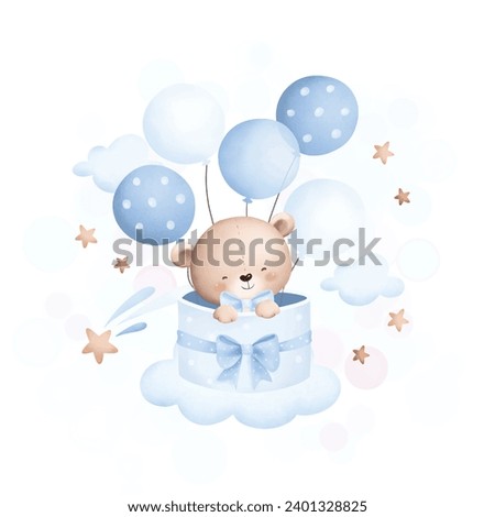 Baby teddy bear on the cloud with balloons