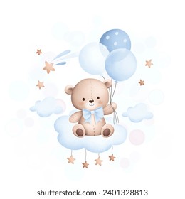 Стоковое векторное изображение: Baby teddy bear sits on the cloud with balloons