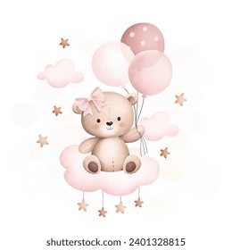 Baby teddy bear sits on the cloud with balloons