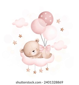 Baby teddy bear sleeps on the cloud with balloons