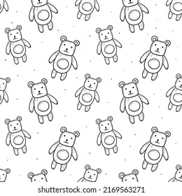 Baby teddy bear toy, vector seamless doodle pattern.