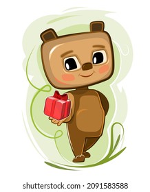 Baby Teddy carries a gift to a friend. Red box with ribbon and bow. Summer meadow with flowers. Childrens illustration. Happy kid Bear animal. Cartoon style. Isolated on white background. Vector