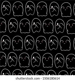 Baby teeny ghost minimalist vector design. Halloween background with repeated lovely ghosts making adorable face expressions in black background. 