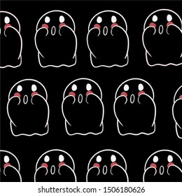 Baby teeny ghost minimalist vector design. Halloween background with repeated lovely ghosts making adorable face expressions in black background. 