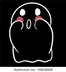 Baby teeny ghost minimalist vector design. Halloween background with repeated lovely ghosts making adorable face expressions in black background. 