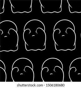 Baby teeny ghost minimalist vector design. Halloween background with repeated lovely ghosts making adorable face expressions in black background. 