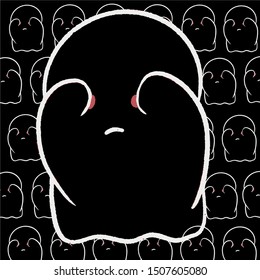 Baby teeny ghost minimalist vector design. Halloween background with repeated lovely ghosts making adorable face expressions in black background. 