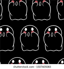 Baby teeny ghost minimalist vector design. Halloween background with repeated lovely ghosts making adorable face expressions in black background. 