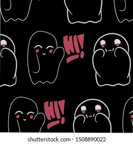 Baby teeny ghost minimalist vector design. Halloween background with repeated lovely ghosts making adorable face expressions in black background. 