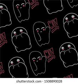 Baby teeny ghost minimalist vector design. Halloween background with repeated lovely ghosts making adorable face expressions in black background. 