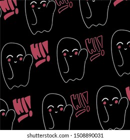 Baby teeny ghost minimalist vector design. Halloween background with repeated lovely ghosts making adorable face expressions in black background. 