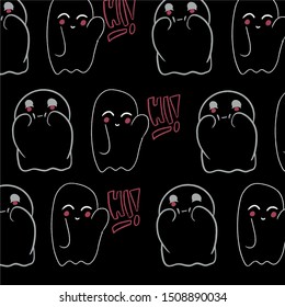 Baby teeny ghost minimalist vector design. Halloween background with repeated lovely ghosts making adorable face expressions in black background. 