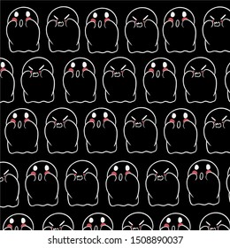 Baby teeny ghost minimalist vector design. Halloween background with repeated lovely ghosts making adorable face expressions in black background. 