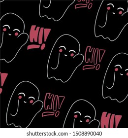 Baby teeny ghost minimalist vector design. Halloween background with repeated lovely ghosts making adorable face expressions in black background. 