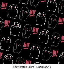 Baby teeny ghost minimalist vector design. Halloween background with repeated lovely ghosts making adorable face expressions in black background. 