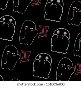 Baby teeny ghost minimalist vector design. Halloween background with repeated lovely ghosts making adorable face expressions in black background. 