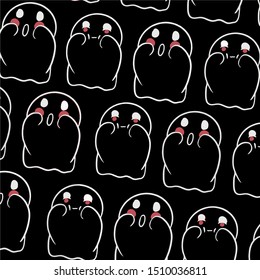 Baby teeny ghost minimalist vector design. Halloween background with repeated lovely ghosts making adorable face expressions in black background. 