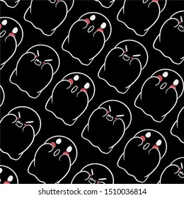 Baby teeny ghost minimalist vector design. Halloween background with repeated lovely ghosts making adorable face expressions in black background. 