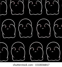 Baby teeny ghost minimalist vector design. Halloween background with repeated lovely ghosts making adorable face expressions in black background. 