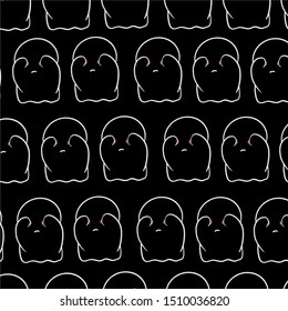 Baby teeny ghost minimalist vector design. Halloween background with repeated lovely ghosts making adorable face expressions in black background. 