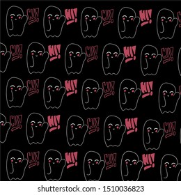 Baby teeny ghost minimalist vector design. Halloween background with repeated lovely ghosts making adorable face expressions in black background. 