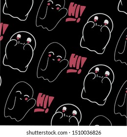 Baby teeny ghost minimalist vector design. Halloween background with repeated lovely ghosts making adorable face expressions in black background. 