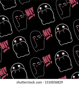 Baby teeny ghost minimalist vector design. Halloween background with repeated lovely ghosts making adorable face expressions in black background. 