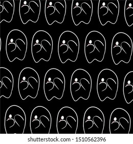 Baby teeny ghost minimalist vector design. Halloween background with repeated ghosts making adorable face expressions on a black background. 