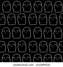 Baby teeny ghost minimalist vector design. Halloween background with repeated lovely ghosts making adorable face expressions in black background. 