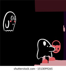 Baby teeny ghost minimalist vector design. Halloween background of a ghostly character watching a kid doing treat of trick. 