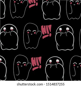 Baby teeny ghost minimalist vector design. Halloween background with repeated ghosts making adorable face expressions on a black background. 