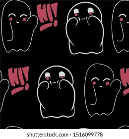 Baby teeny ghost minimalist vector design. Halloween background with repeated ghosts making adorable face expressions on a black background. 