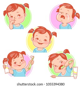 Baby teeth set. Little baby girl with tooth brush and toothpaste. Teething. Toothache. Baby crying for pain. First tooth. Happy baby smile. Healthy teeth. First year. Hygiene. Vector illustration.