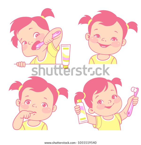 赤ちゃんの歯セット 歯ブラシと歯磨き粉 を持つ小さな女の子 歯が元気で笑顔の子ども 悲しい子どもは歯が痛い 医薬品または衛生製品のロゴ エンブレム ベクターイラスト のベクター画像素材 ロイヤリティフリー