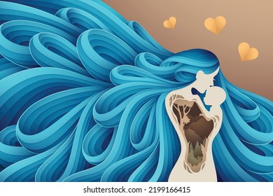 Baby In A Tender Embrace Of Mother, Vector illustration in a papercut style
