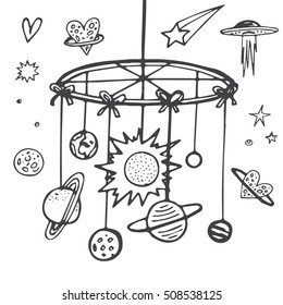 Baby theme. Hand drawn sketch vector illustration with planets, stars, spaceship, galaxy. Cute background for children's room.