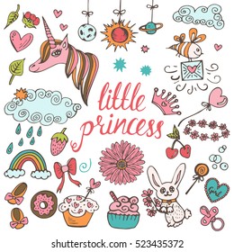 Baby theme. Hand drawn vector set with unicorn, cakes, flowers, toys, beautiful elements. Cute background for children's room, cartoon illustration.