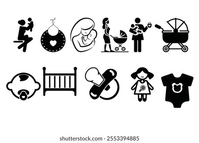 Baby theme, baby icon, set of icons for design, line art vector for graphic Icon collection. Editable stroke. Vector illustration