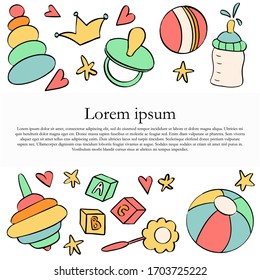Baby themed card with text space and baby toys and items. Birthday party or baby shower card template.