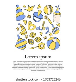 Baby themed card with text space and baby toys and items. Birthday party or baby shower card template.