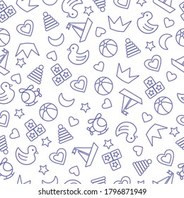 
Baby themed icon seamless uncut pattern. Seamless pattern of baby icons outline purple and white. Kids drawing. Children's textiles. Digital papers for children.