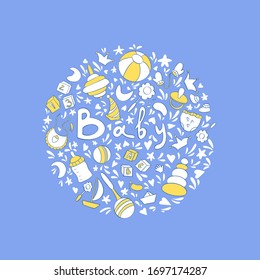 Baby themed round illustration. Childhood, parenting, cute newborn accessories hand drawn set.