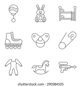 Baby thin line related vector icon set for web and mobile applications. Set includes - bunk bed, roller skate, pin, rocking horse, gun, rattle, rabbit, nipple, clothes. Logo, pictogram, icon.