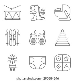 Baby thin line related vector icon set for web and mobile applications. Set includes - drum, dinosaur, baby seat, ski, baby monitor, pyramid, doll, diapers, educational game. Logo, pictogram, icon.