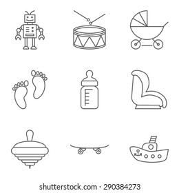 Baby thin line related vector icon for web and mobile applications. Set includes - robot, drum, stroller, feeding bottle, baby seat, whirligig, skateboard, foot. Logo, pictogram,  infographic element.