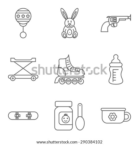 Baby thin line related vector icon set for web and mobile applications. Set includes - rattle, rabbit, gun, walker, roller skateboard, feeding bottle, food, skateboard, potty. Logo, pictogram, icon.